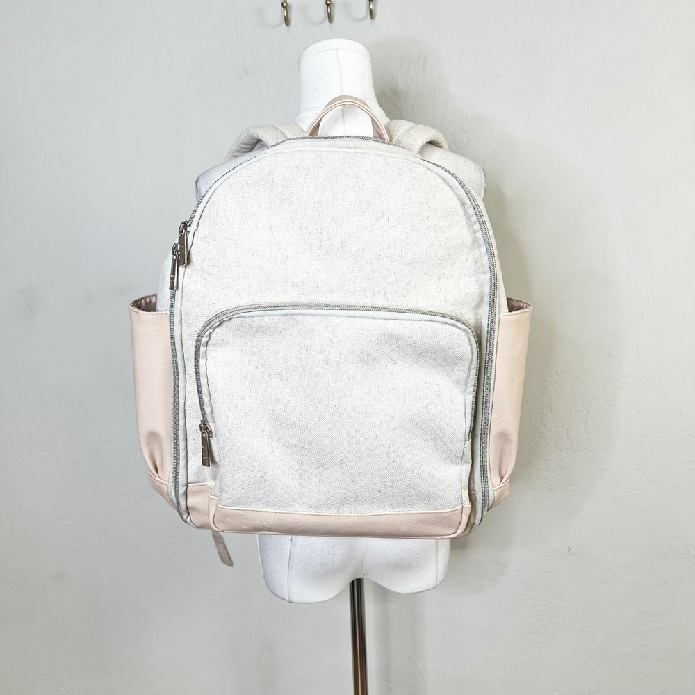 BEIS The Travel Backpack Beige Cream Canvas Faux Leather Padded Laptop Bag